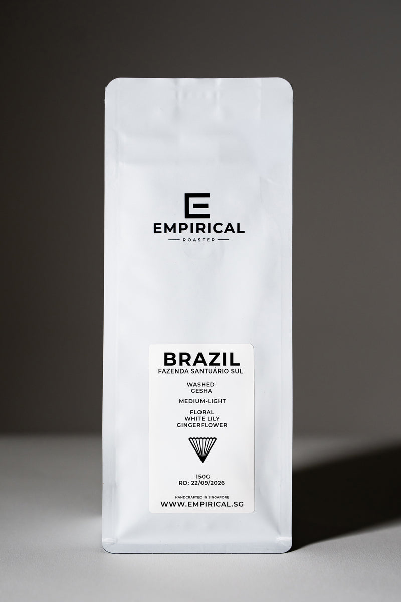 Empirical Brazil Gesha coffee bag, standing front angle, light roast washed