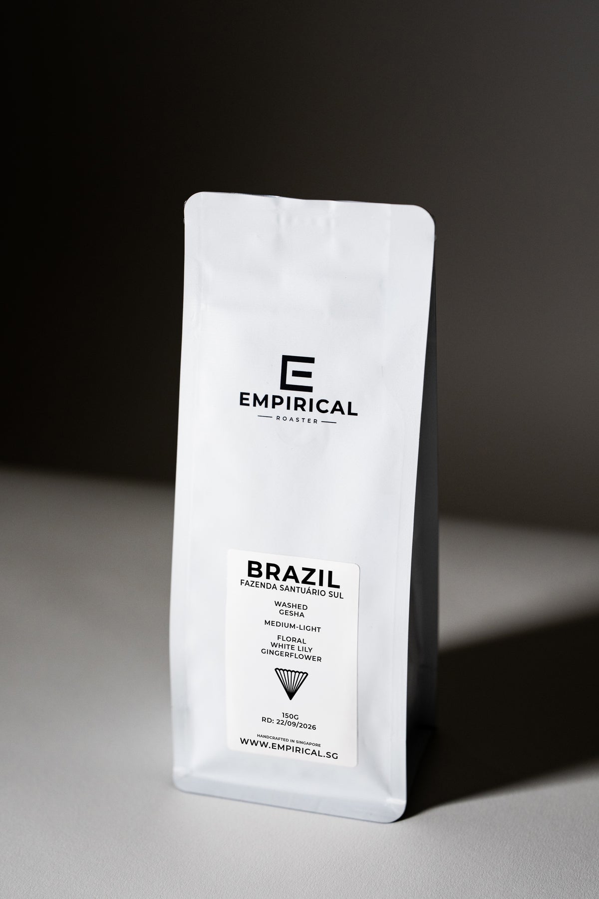 Empirical Brazil Gesha coffee bag, standing side angle