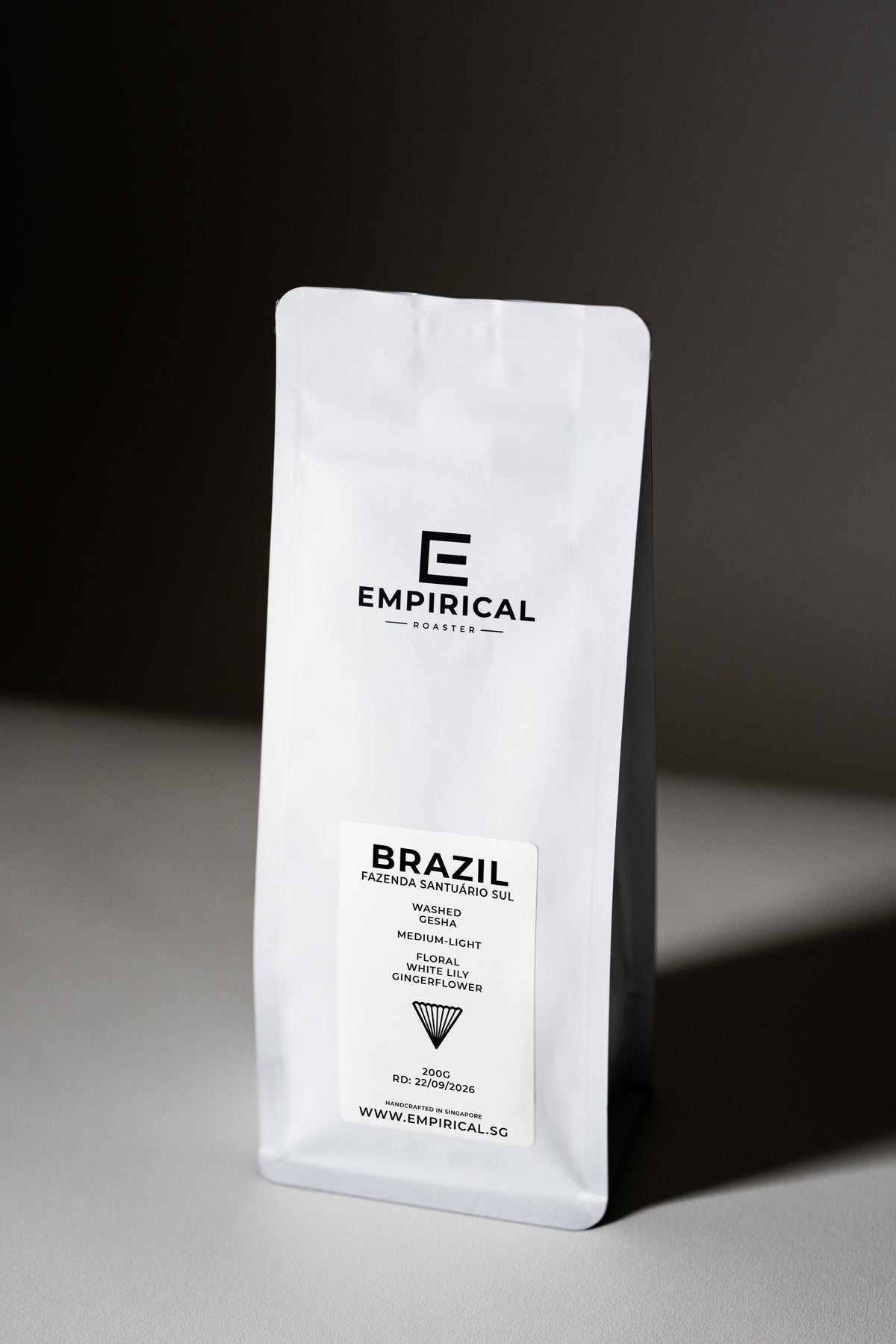Empirical Brazil Gesha coffee bag, standing side angle
