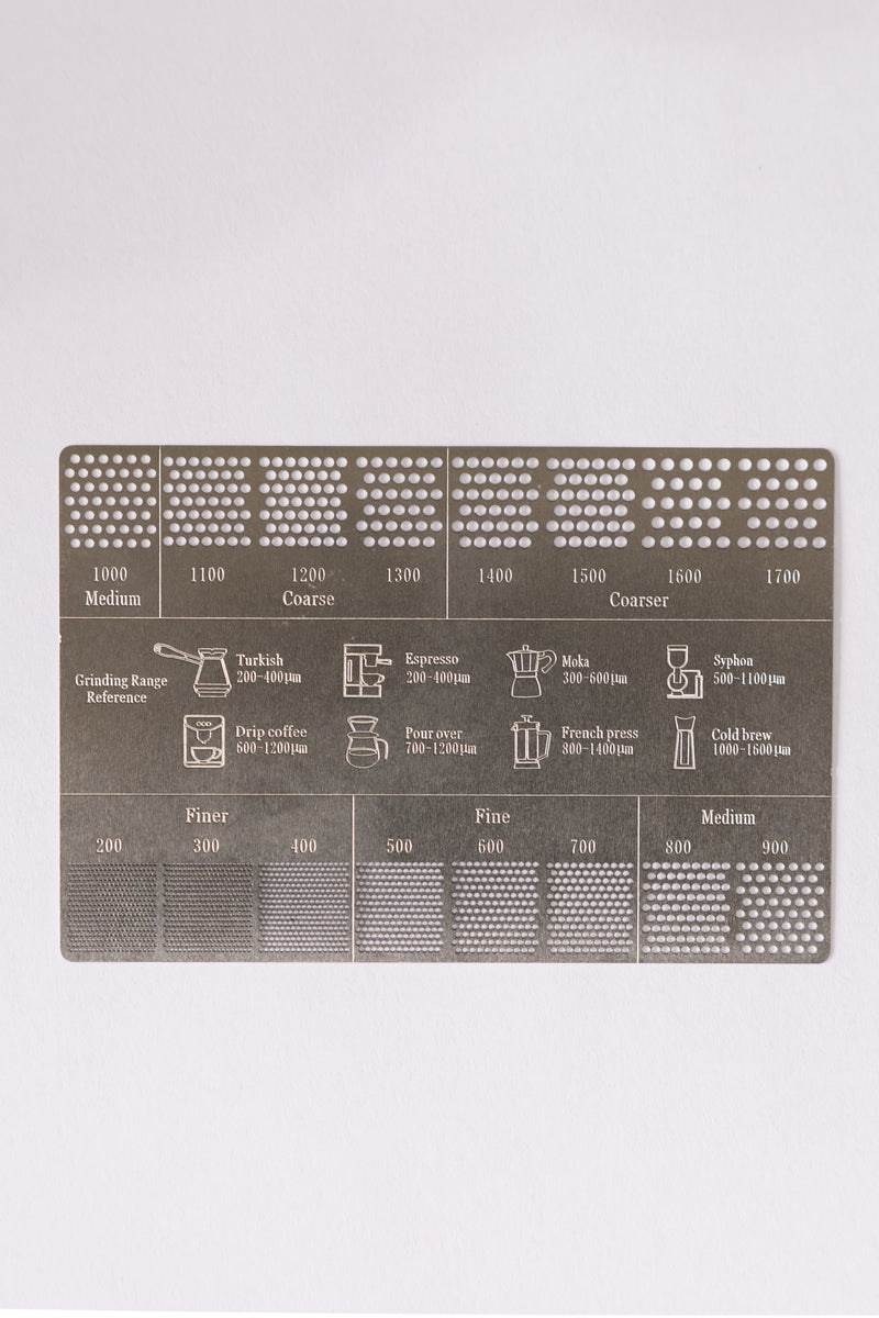 Empirical Micron Reference Card, grind size dial-in tool