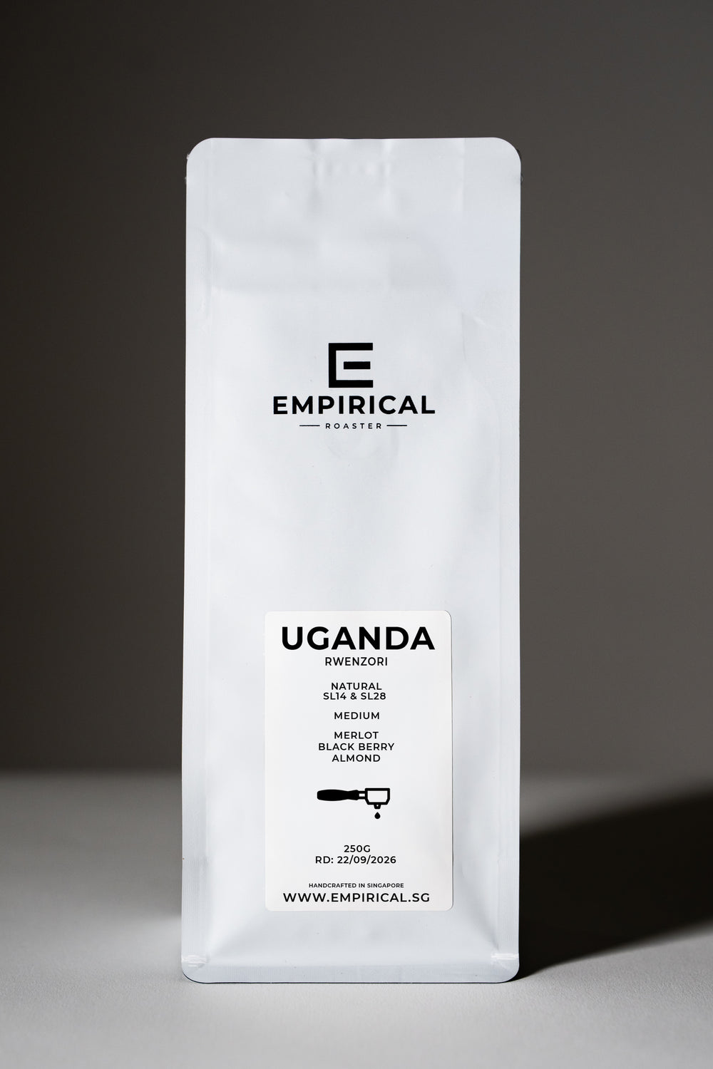 Empirical Uganda Rwenzori coffee bag, standing front angle, medium roast espresso