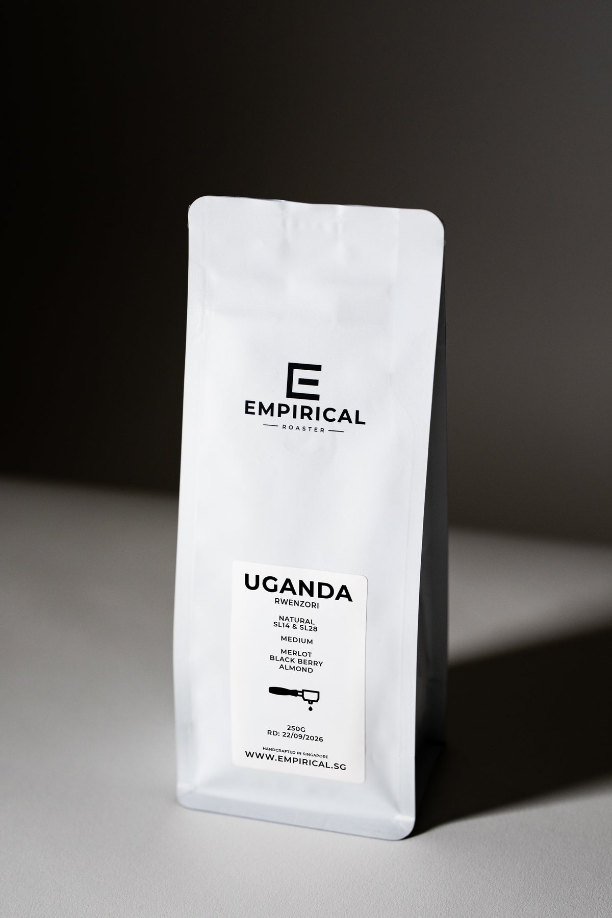 Empirical Uganda Rwenzori coffee bag, standing side angle